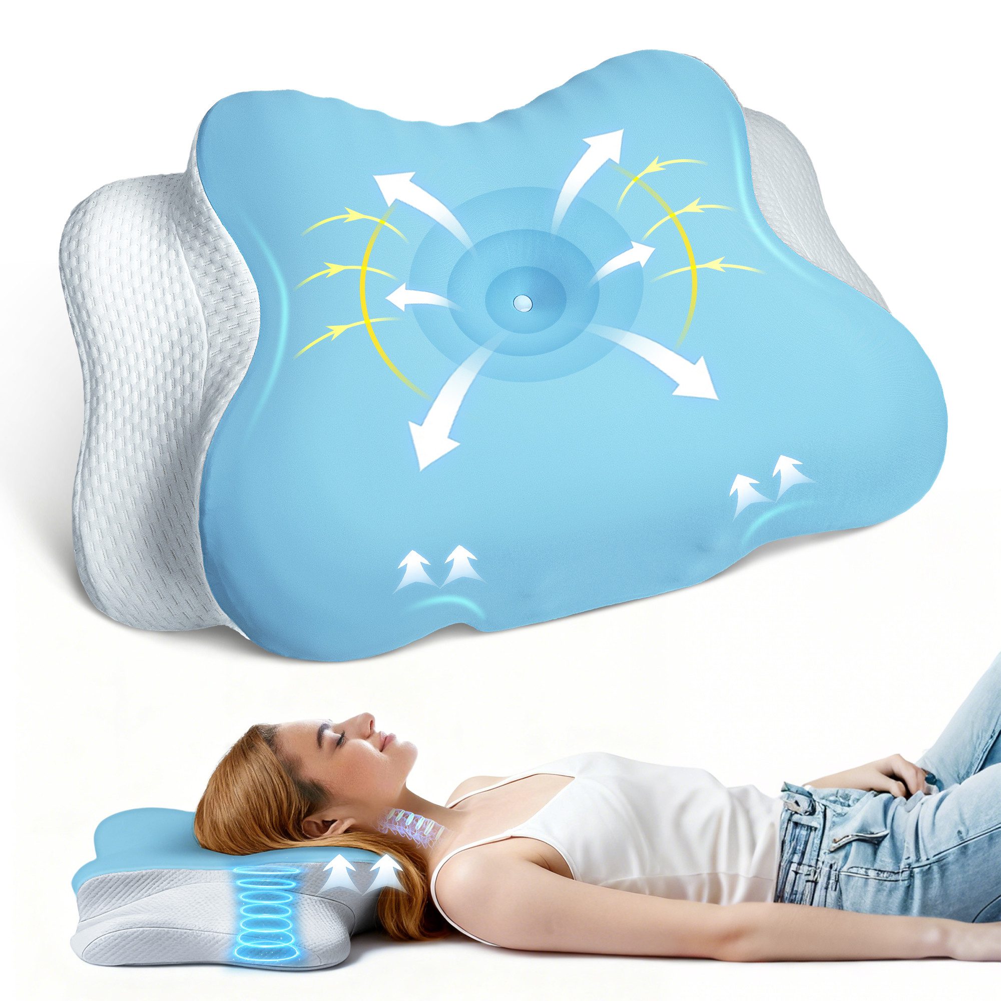 ANYSUN Nackenstützkissen Schlafkissen, Ergonomisches Orthopädisches Kissen, Füllung: 100% Polyurethan, Bezug: 87% Nylon, 13% Spandex, Seitenschläfer, Rückenschläfer, Bauchschläfer, Kissen vom OEKO-TEX®, für Erwachsene, Männer, Frauen