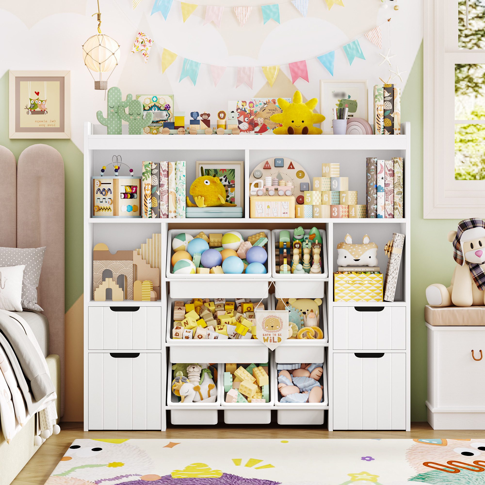 HOMECHO Spielzeugtruhe (1 St), Kinderregal mit 7 Aufbewahrungsboxen 4 Schubladen Weiß