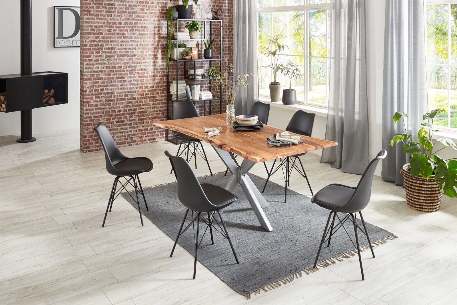 SAM® Essgruppe Harbor, Akazienholz, Baumkante Metallgestell Stühle + Spider-Form 6 massiv