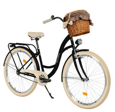 MILORD BIKES Cityrad »Milord Komfort City Fahrrad mit Weidenkorb Retro Damenfahrrad, 28/26 Zoll, Schwarz-Creme, 1-Gang«, 1 Gang
