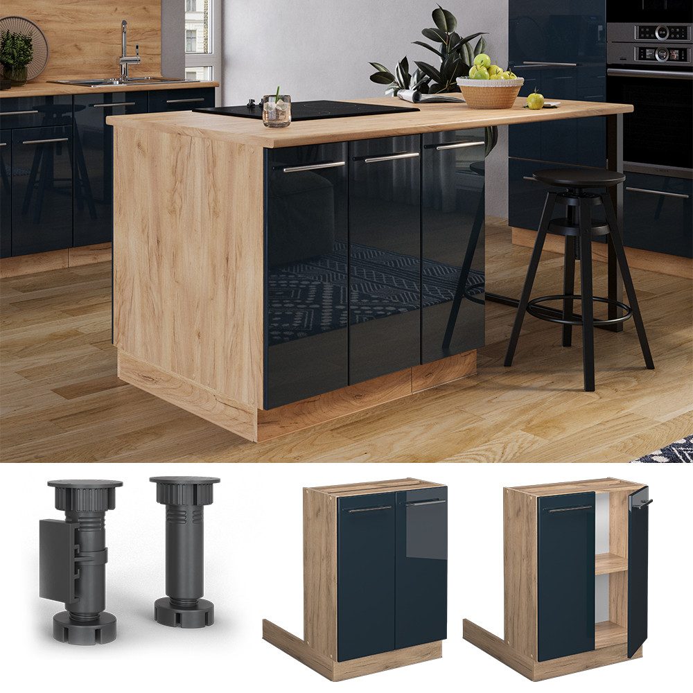 Vicco Unterschrank Fame-Line, Dunkelblau Hochglanz/Goldkraft Eiche, günstig online kaufen
