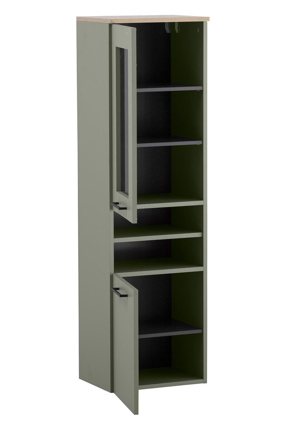 Vito Midischrank MALO, Pistaziengrün, Eiche Dekor, 1 Glastür, 1 Tür, Soft-Close-Funktion, B 40 x H 140 x T 32 cm