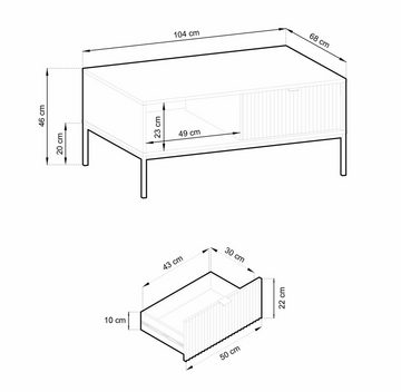 MOEBLO Couchtisch Light L104 (Couchtisch Dekorative gerillte Front Wohnzimmertisch, Beistelltisch, Sofatisch, Kaffeetisch, Coffee table), (HxBxT):46x104x68cm