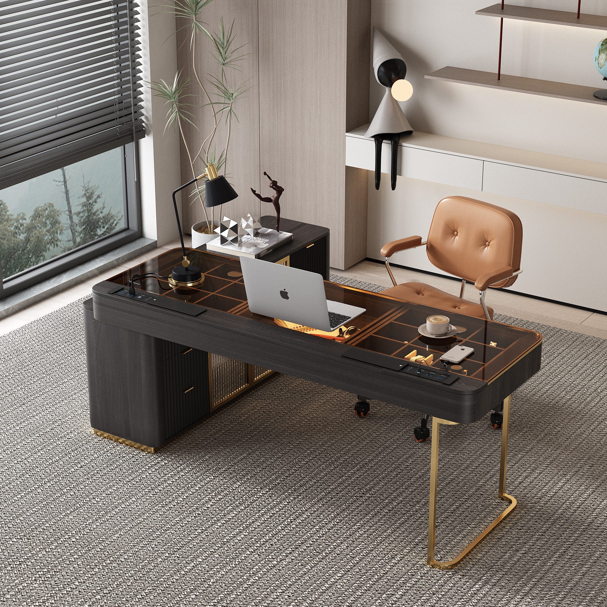 Graceabode Schreibtisch Computertisch, Chefschreibtisch, L-förmiger Heimbürotisch 180x61x75cm (1-St), Integrierte Steckdosen/USB, LED-Leuchten & flexibler Stauraum