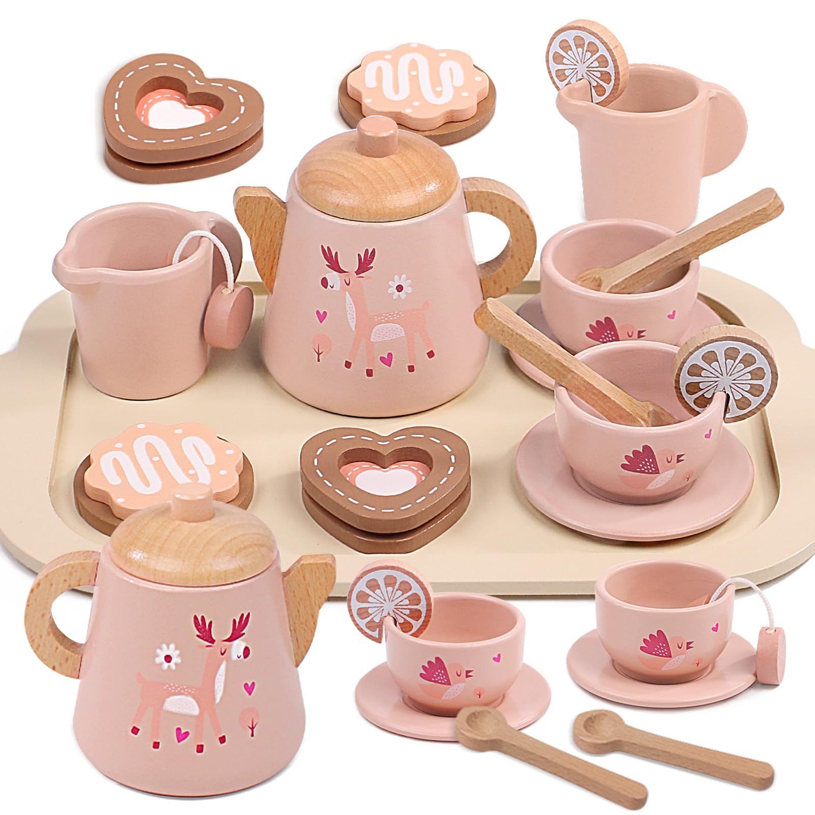 FOUORTUNATE-BEE Spielgeschirr Kinder Teeservice Holz Spielzeug Tee Set für Rollenspiel Kinder, Für Teeparty Küche Rollenspiel Geschenk Jungen Mädchen Holzset