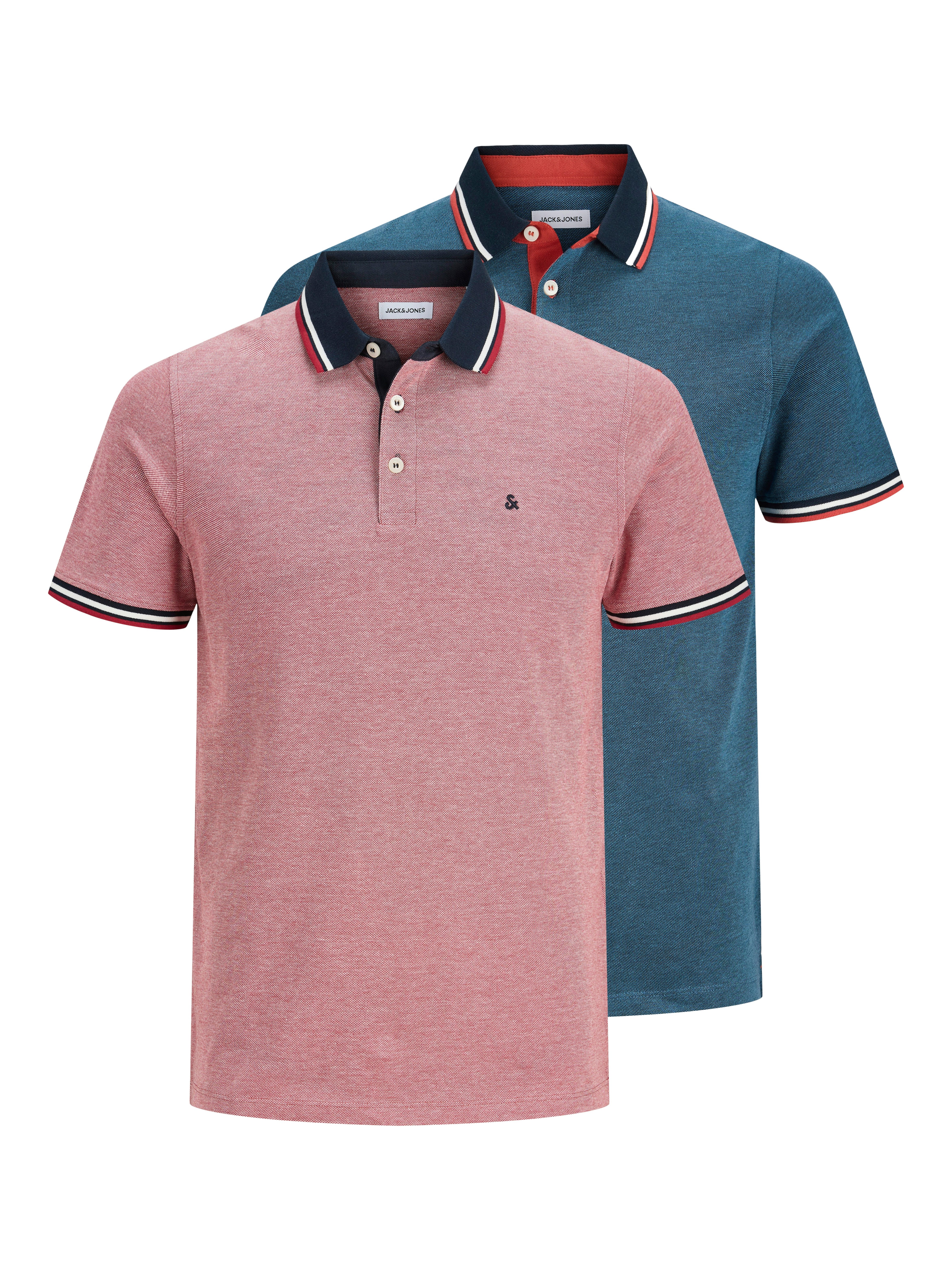 Jack & Jones Poloshirt JJEPAULOS im Doppelpack mit Logostickerei und Komfort (Packung, 2-tlg., 2er-Pack) unifarben mit Farbeinsatz, modisch, schmal, Baumwolle, Polokragen
