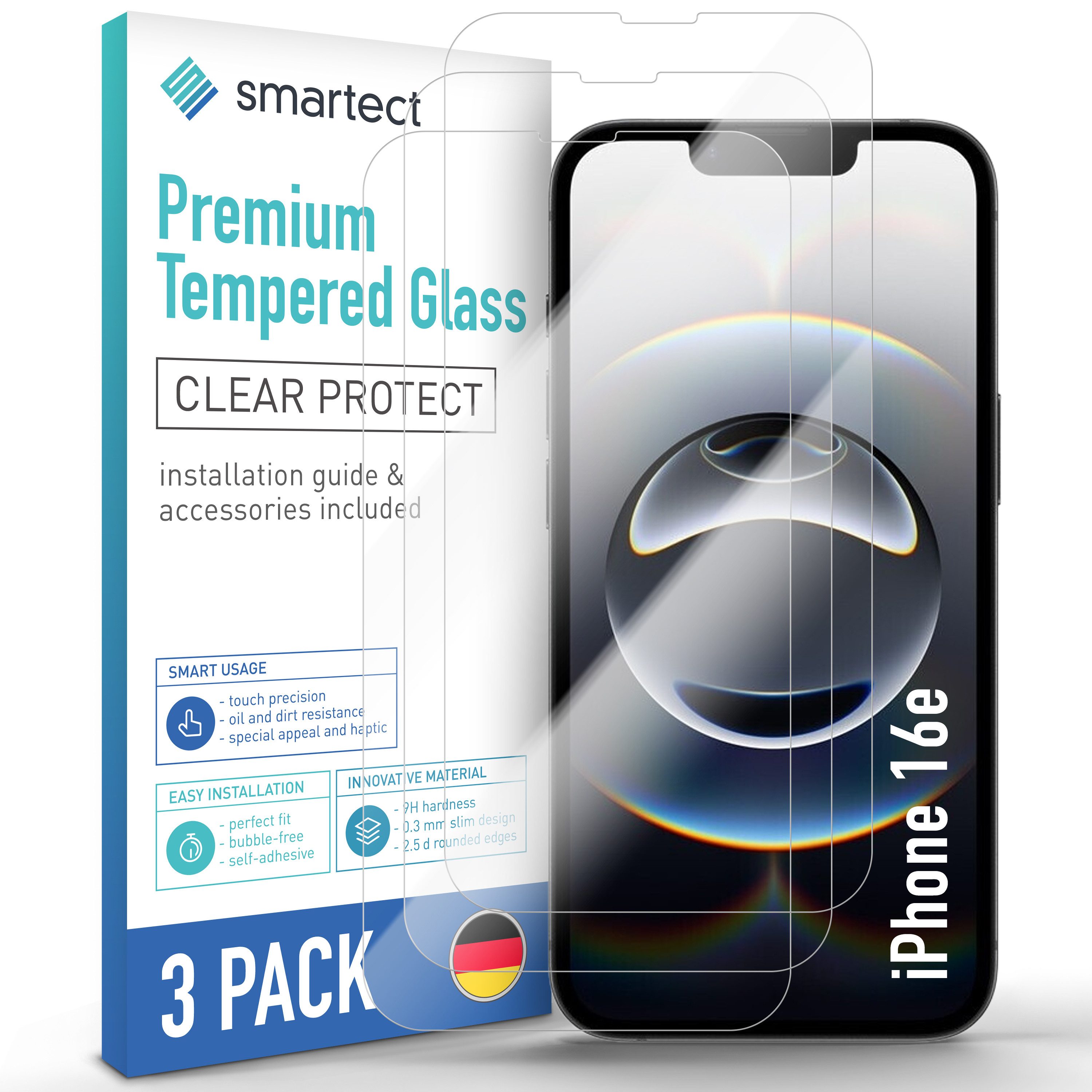 smartect Displayschutzglas Schutzglas Klar für iPhone 16e, 3 Stück für iPhone 16e, 3 Stück, Anti-Fingerabdruck, 9H Härte, Blasenfreie Installation