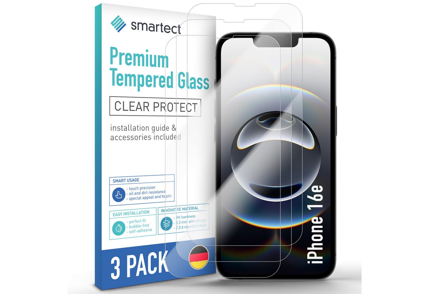 smartect Displayschutzglas 3X Schutzglas Panzerfolie Klar für iPhone 16e für Apple iPhone 16e, Set, 3 Stück, 0.3 mm Ultra-klar, 9H Härte, Kratzfest, Stoßfest, Blasenfrei, Oleophob