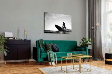 Sinus Art Leinwandbild 120x80cm Wandbild auf Leinwand Surfer Schwarz Weiß Wellen Ozean Wellen, (1 St)