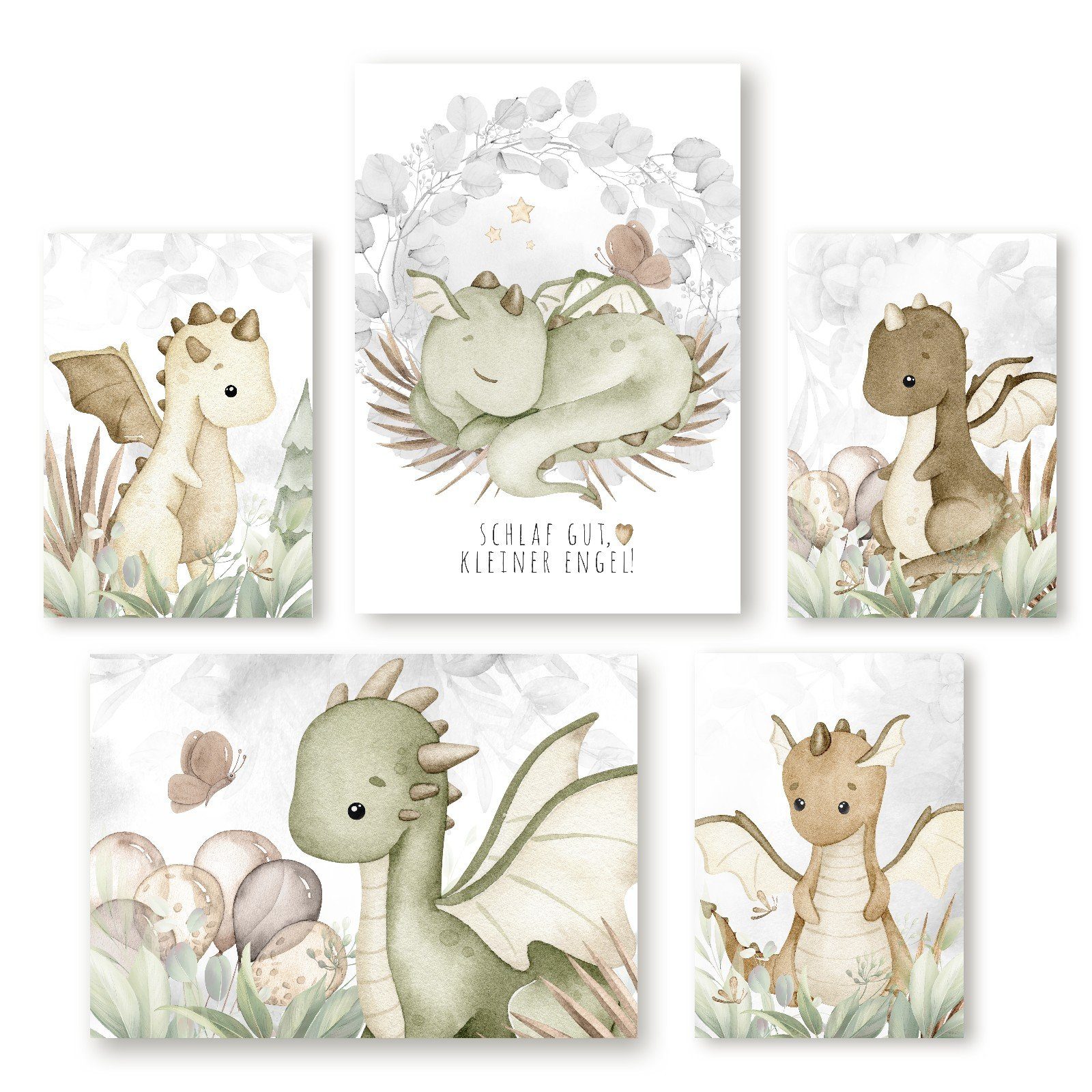 homestyle-accessoires Poster Kinderzimmer Bilder Bilderset SCHLAF SCHÖN KLEINER ENGEL DRACHEN, (5 St), - Ohne Bilderrahmen - sorgfältige & sichere Verpackung