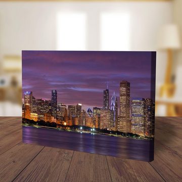 wandmotiv24 Leinwandbild Chicago bei Nacht, USA, Skyline, See, Städte (1 St), Wandbild, Wanddeko, Leinwandbilder in versch. Größen