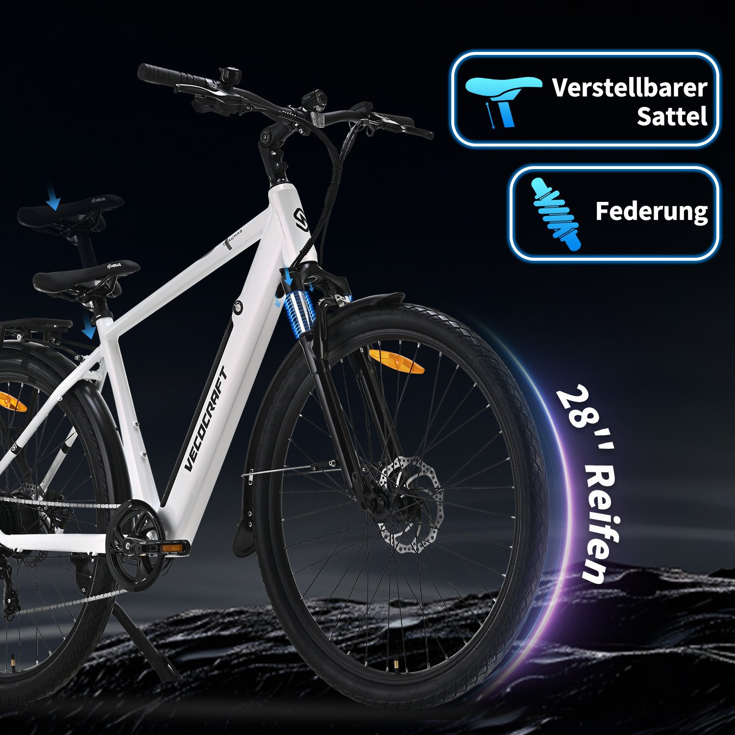 VECOCRAFT E-Bike Trekkingrad Pedelec 28 Zoll 36V 10,4Ah Akku Elektrofahrrad bis 100 km THAUMAS, 7 Gang, Heckmotor, 374,4 Wh, (Leicht nur 29kg, max. Belastung 15 – Bild 4 von 5