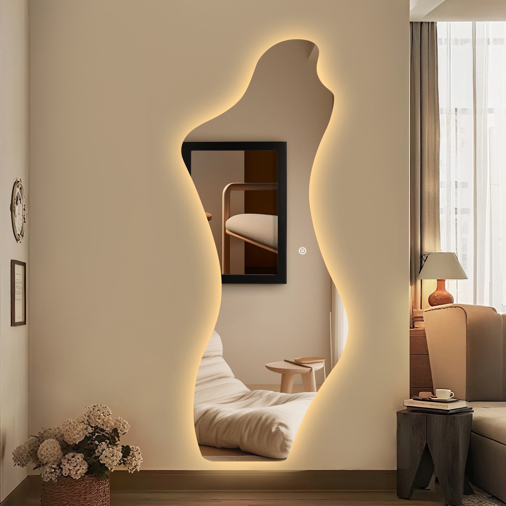 WDWRITTI Wandspiegel LED Ganzkörperspiegel Dekospiegel gross Flurspiegel Rahmenlos (Spiegel mit Beleuchtung, Frauenfigur 165x65cm), Lichtfarben & Helligkeit einstellbar