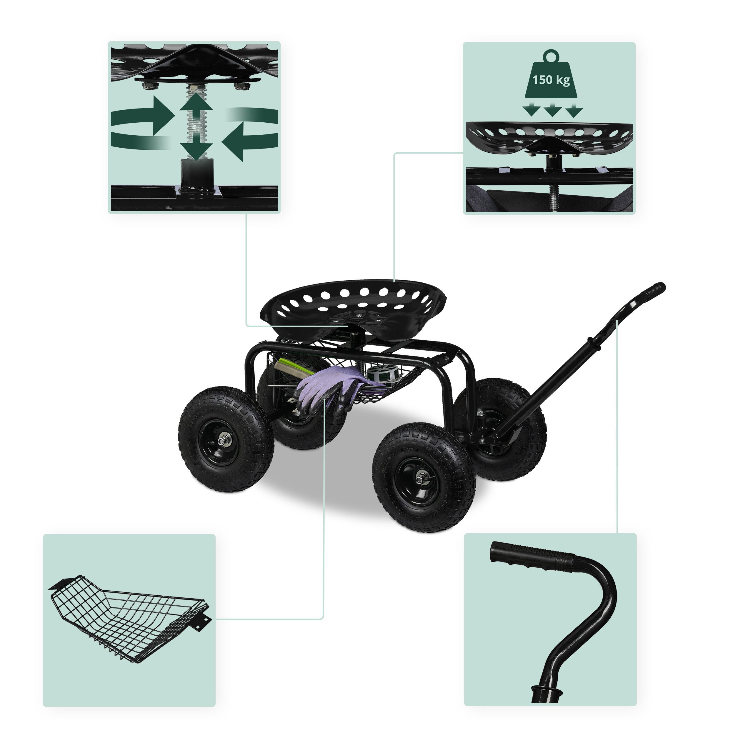 relaxdays Rollsitz Fahrbarer Gartensitz mit Stauraum, schwarz
