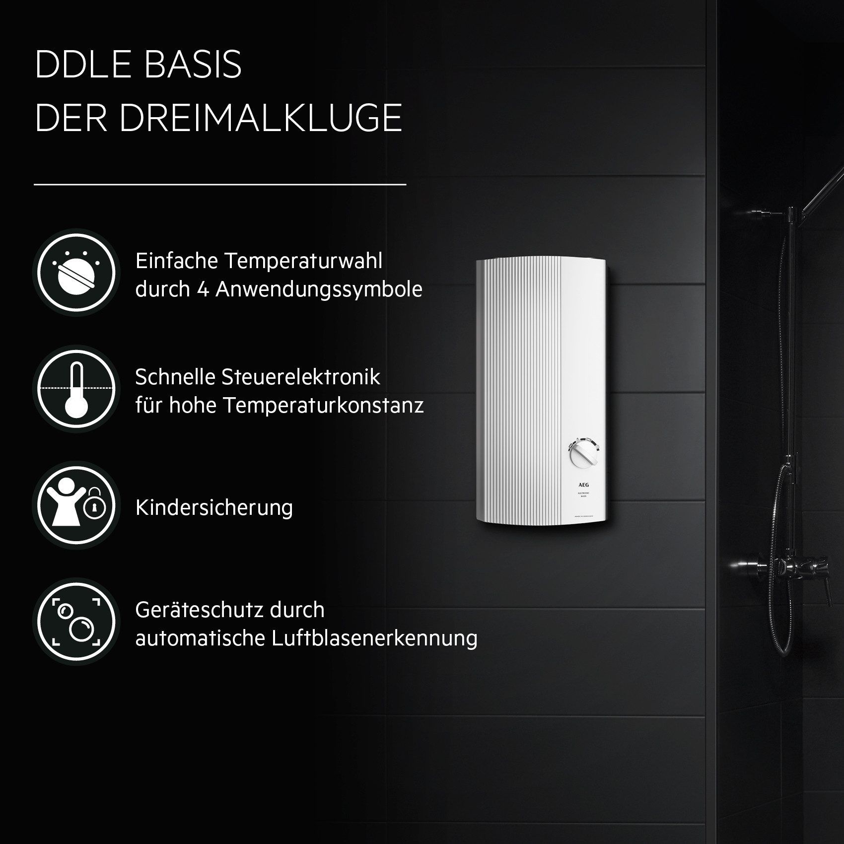 AEG Haustechnik Komfort-Durchlauferhitzer DDLE Basis, elektronisch, min. 35 °C, 27 kW, stufenlose Temperaturwahl durch 4 Anwendungssymbole