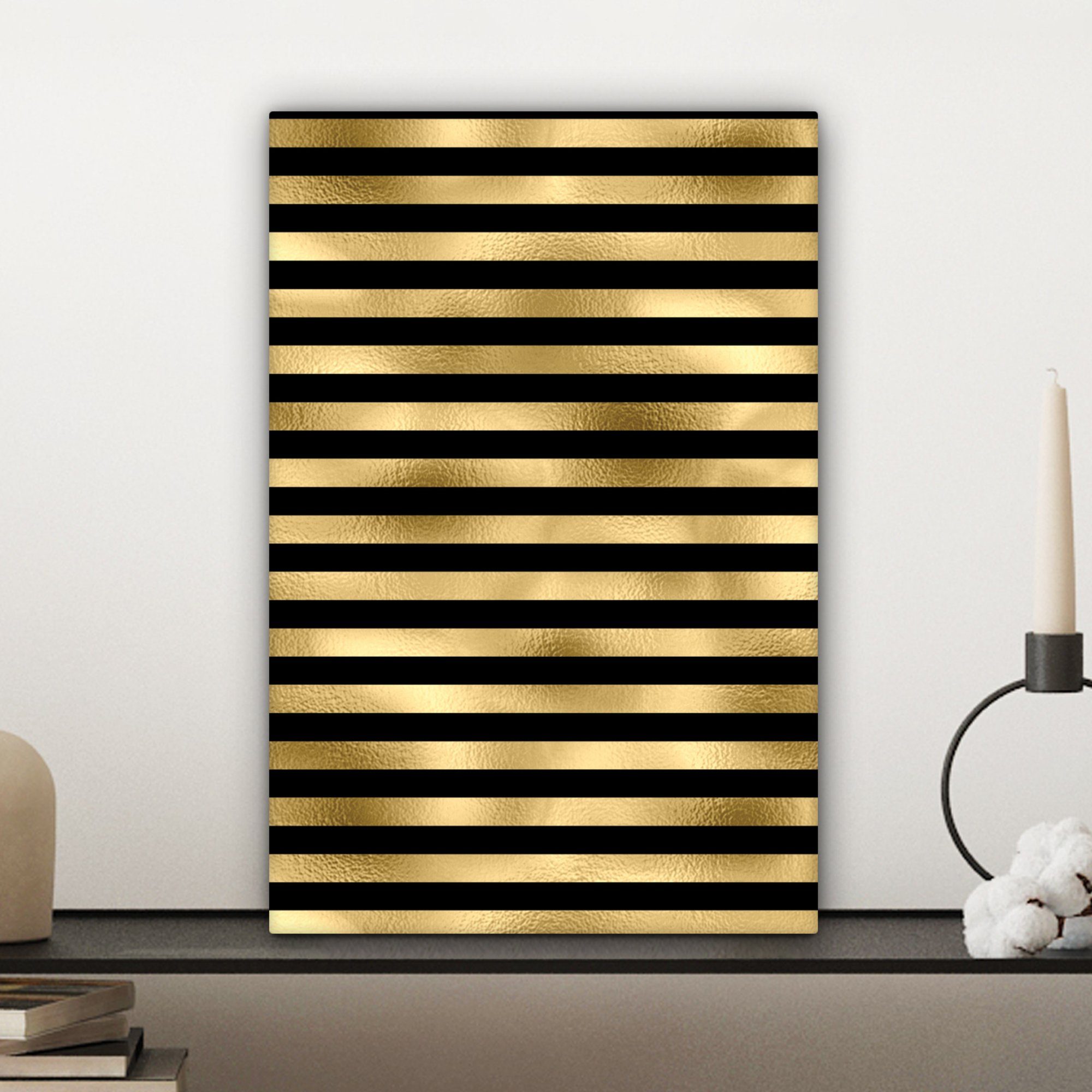 inkl. Muster - cm Zackenaufhänger, bespannt OneMillionCanvasses® Streifen - fertig Gold, Leinwandbild Gemälde, (1 20x30 St), Leinwandbild