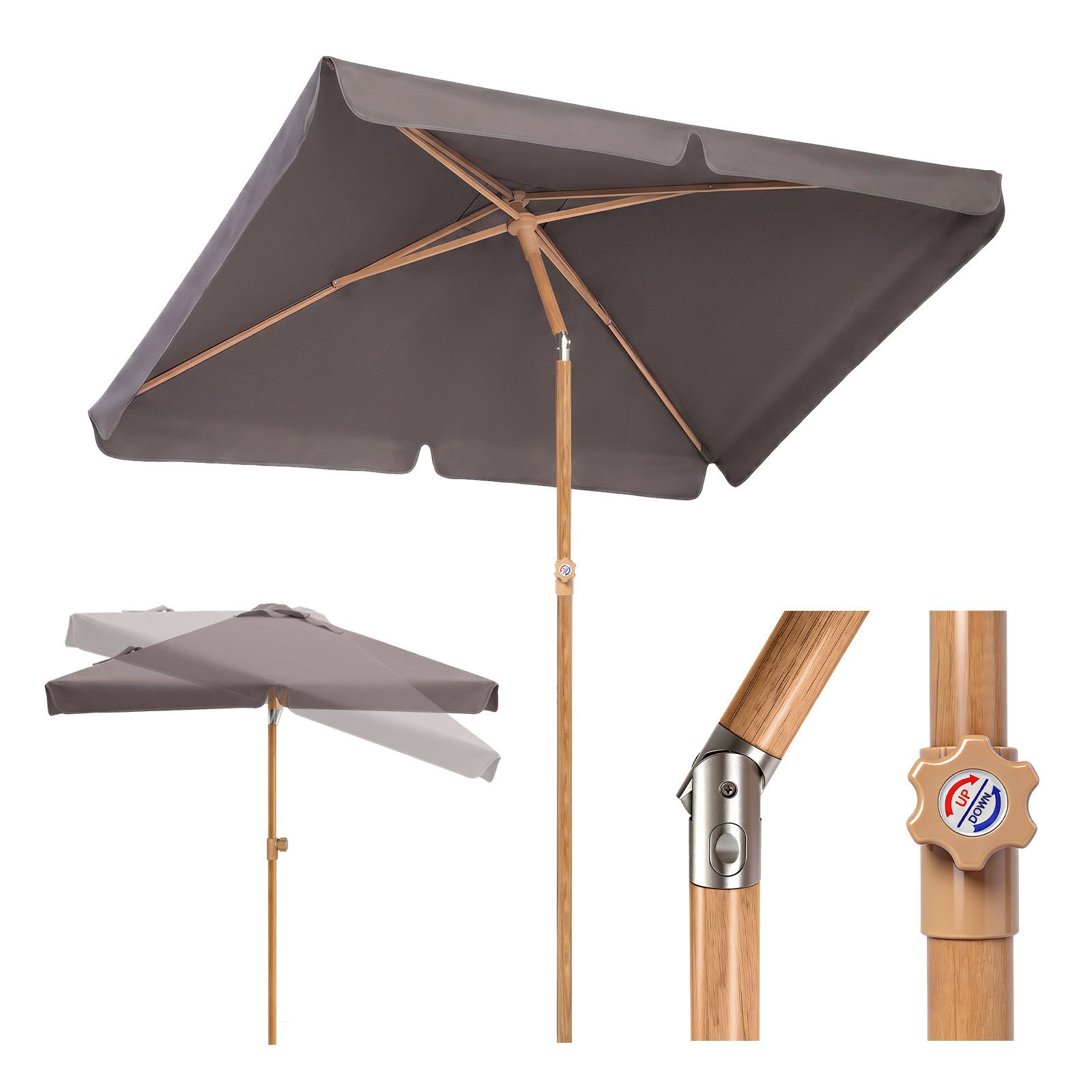 Sekey Sonnenschirm 200 x 125 cm Balkonschirm Rechteckig Holzoptik Sonnenschirm, LxB: 200x125 cm, UV50+ Sonnenschutz, für Terrasse