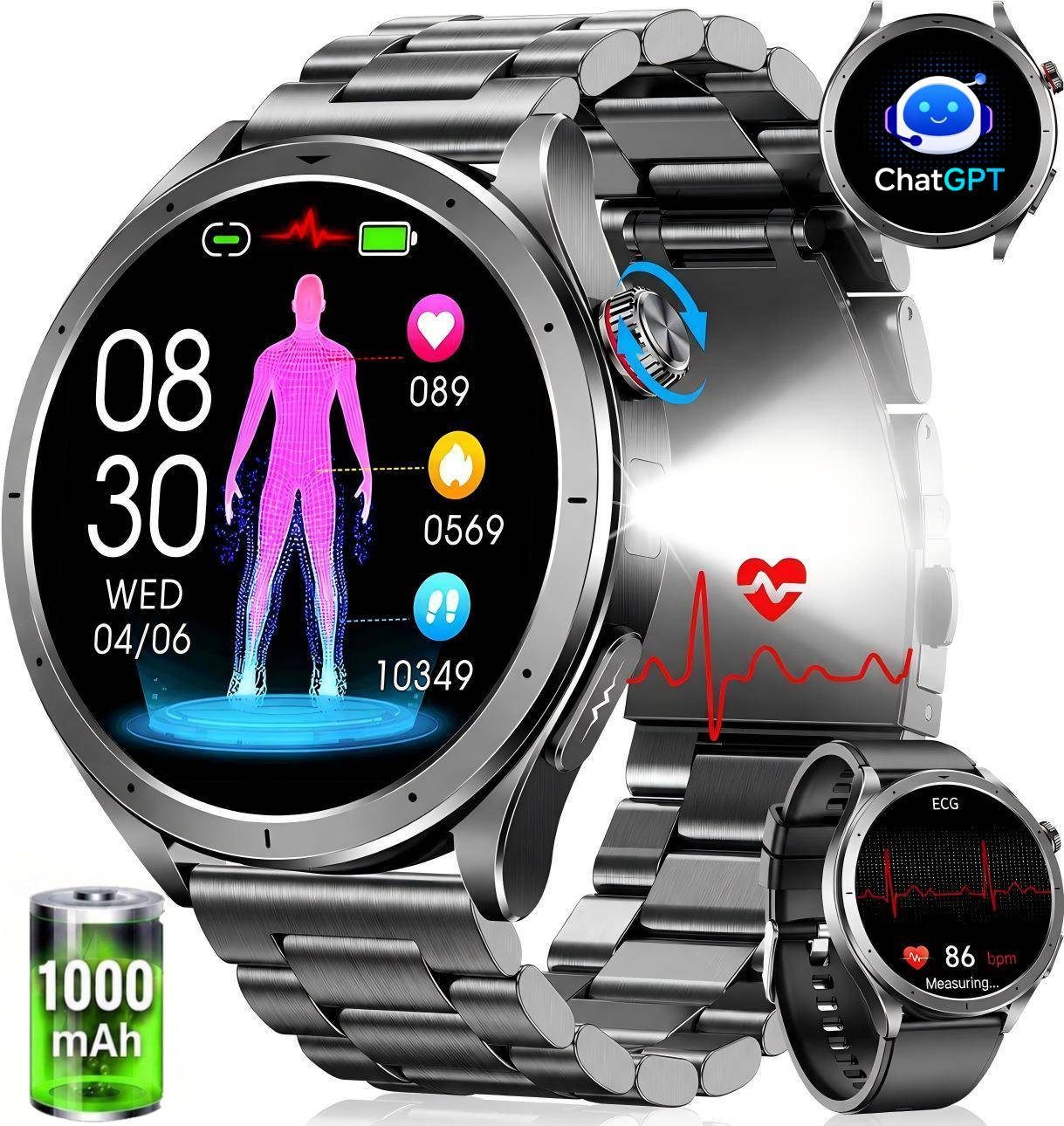 SWGOTA 2026 Neue AI Smartwatch mit EKG+PPG/HRV/Körperanalyse/Schlafmonitoring Smartwatch, 1,75″ Fitnessuhr mit 1000mAh,Pulsuhr,SpO2 & Blutdrucküberwachung,IP68