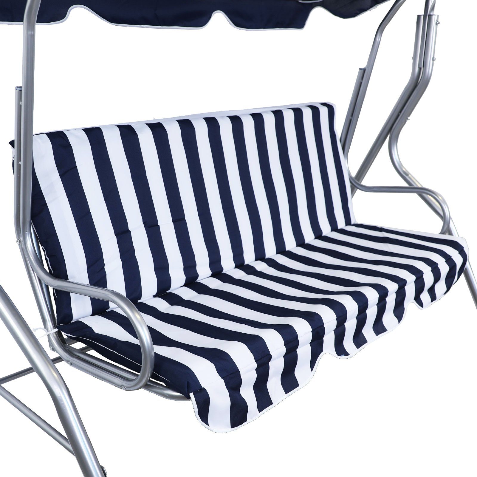 RAMROXX Hollywoodschaukel »Hollywoodschaukel Gartenschaukel Outdoor Indoor  3 Sitzer Blau Weiß Silber«, 3-Sitzer, inkl. Polsterung und Sonnendach  online kaufen | OTTO