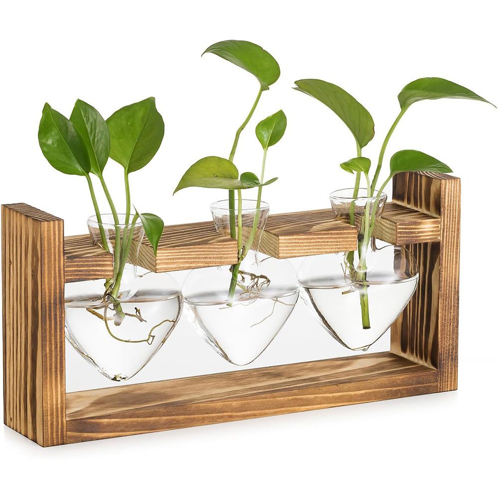 TUWENA Dekovase Vintage Kleine Vasen, Blumenvase Glasvase mit Holzständer (3 St)