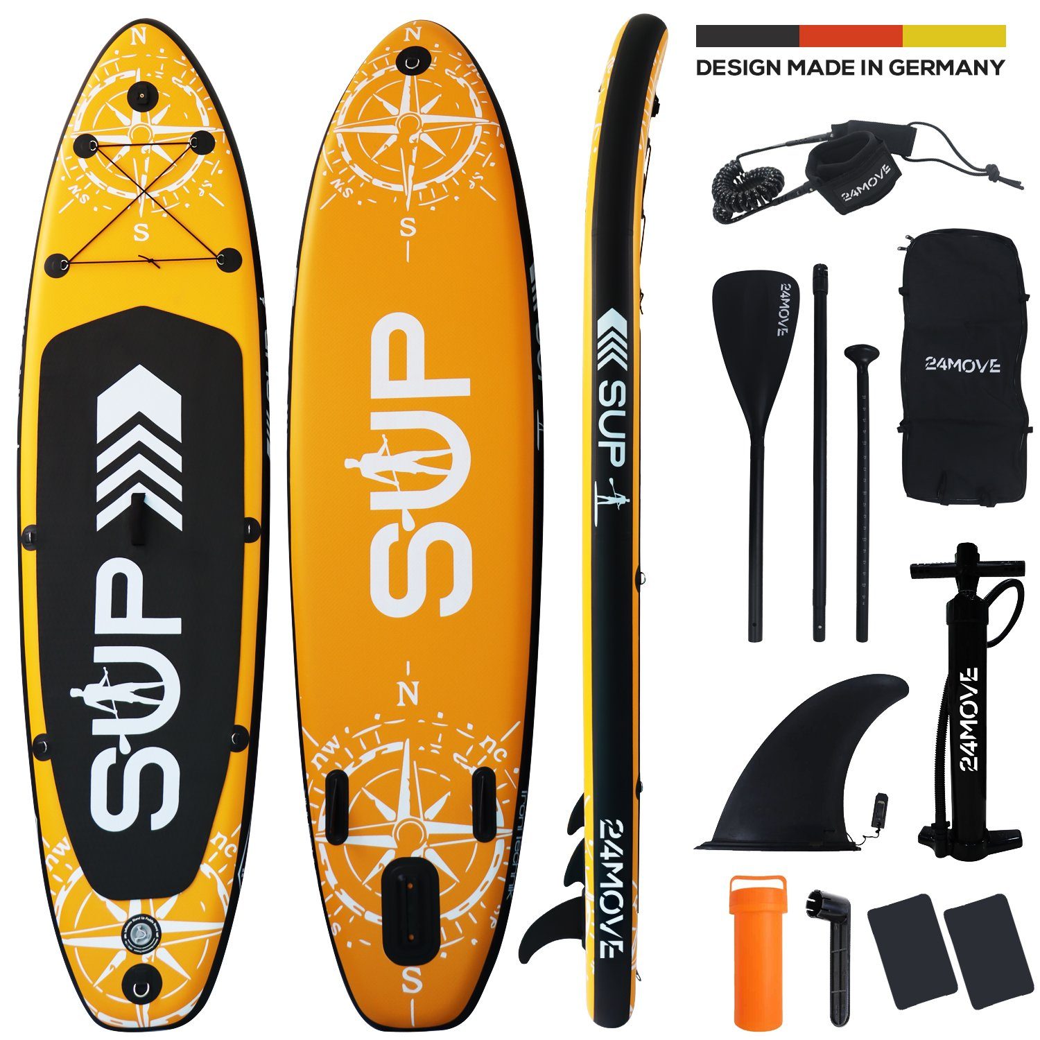 24Move SUP-Board Supboard Set, Premium Stand Up Paddleboard aufblasbar, inkl. Zubehör, Longboard, (Rucksack, Paddel, Action Cam ready, Doppelhub Pumpe, Sicherungsleine, 6 tlg., für Kinder & Erwachsene, ORANGE, 305x76, bis 150 kg), mit Drop Stich Technologie und Anti-Rutsch Oberfläche