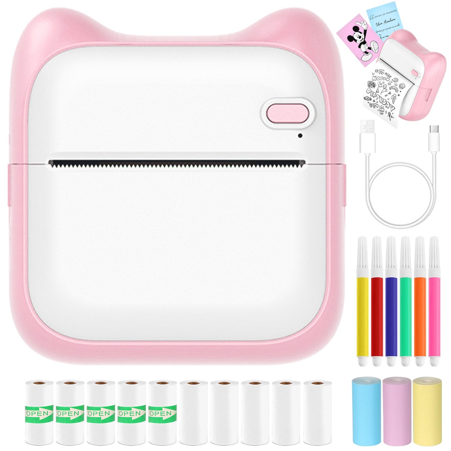 MOPUEA Mini-Thermodrucker 13 Rollen Papier+Buntstifte 200 DPI 10 mm/s 1000mAh Etikettendrucker, (Bluetooth-Verbindung, kein Tinte nötig, kompakt und leicht)
