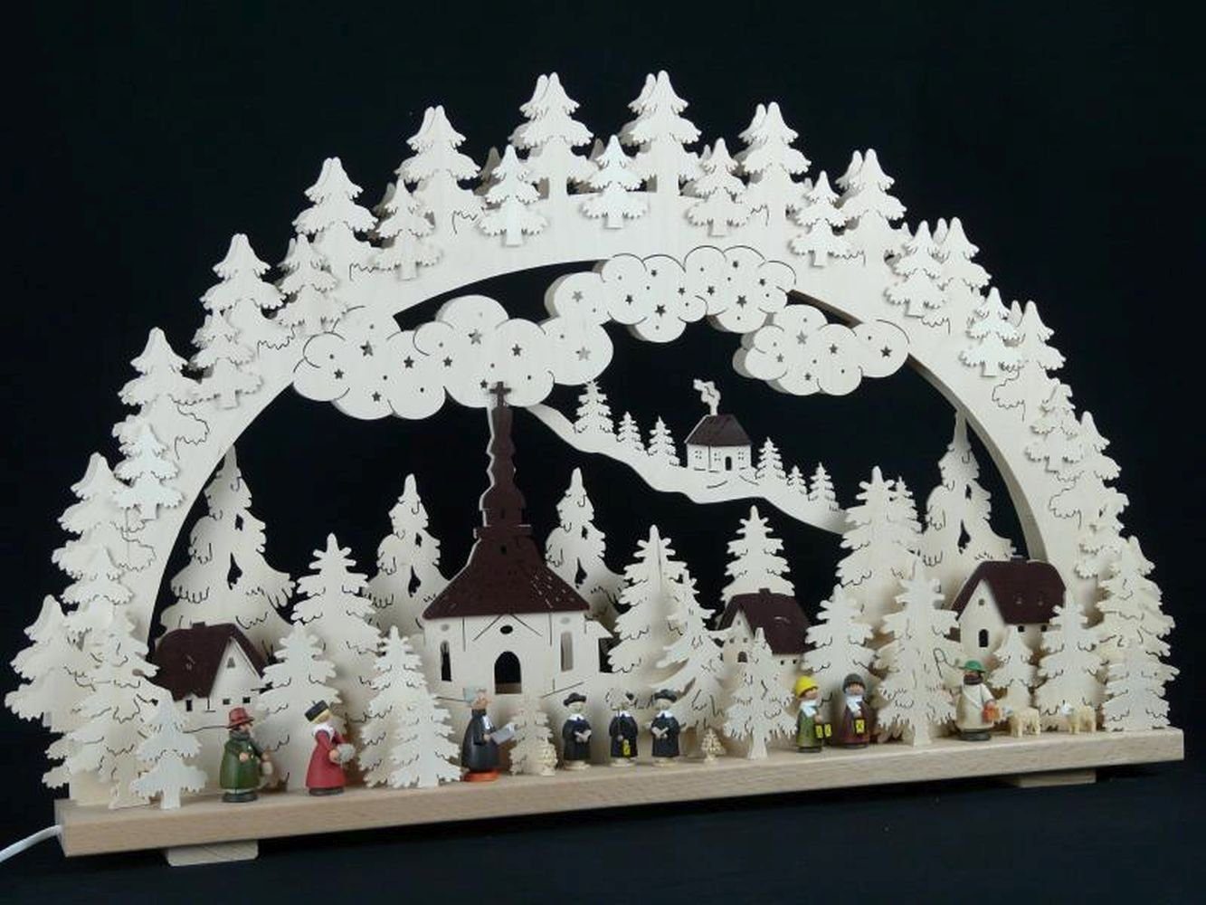 Schwibbogen Erzgebirge – Mit Seiffener Kirche & Waldtieren, Beleuchtet, 72x10 Cm, 220V, Holz Laubsäge-Optik