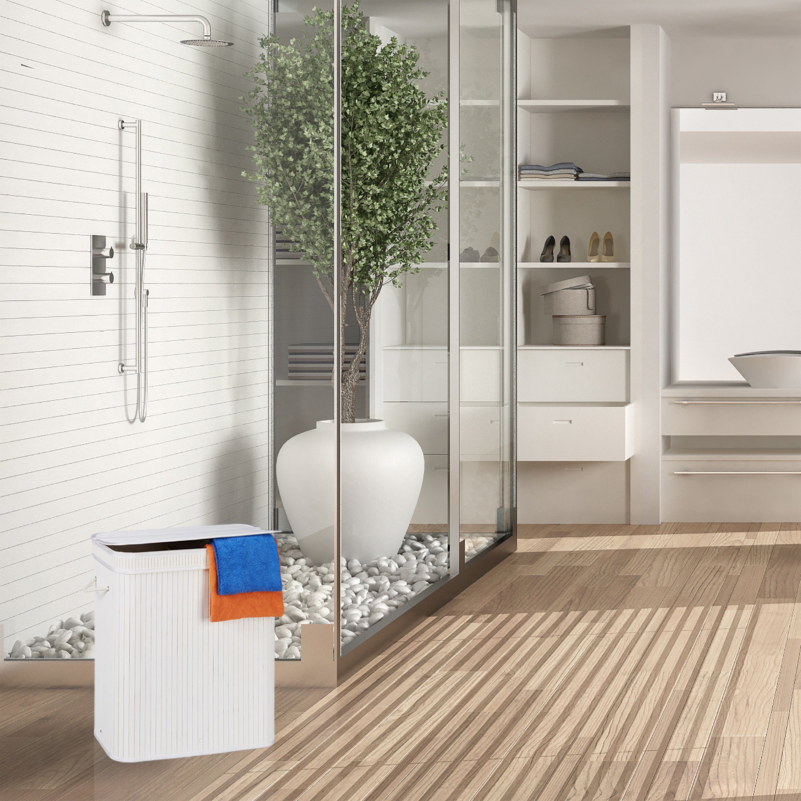 relaxdays Wäschesortierer Wäschekorb Bambus eckig, weiß günstig online kaufen