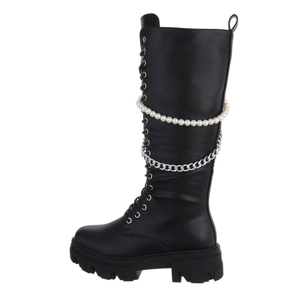 Ital-Design Damen Schnürschuhe Biker Plateaustiefel Blockabsatz Schnürstiefel in Schwarz