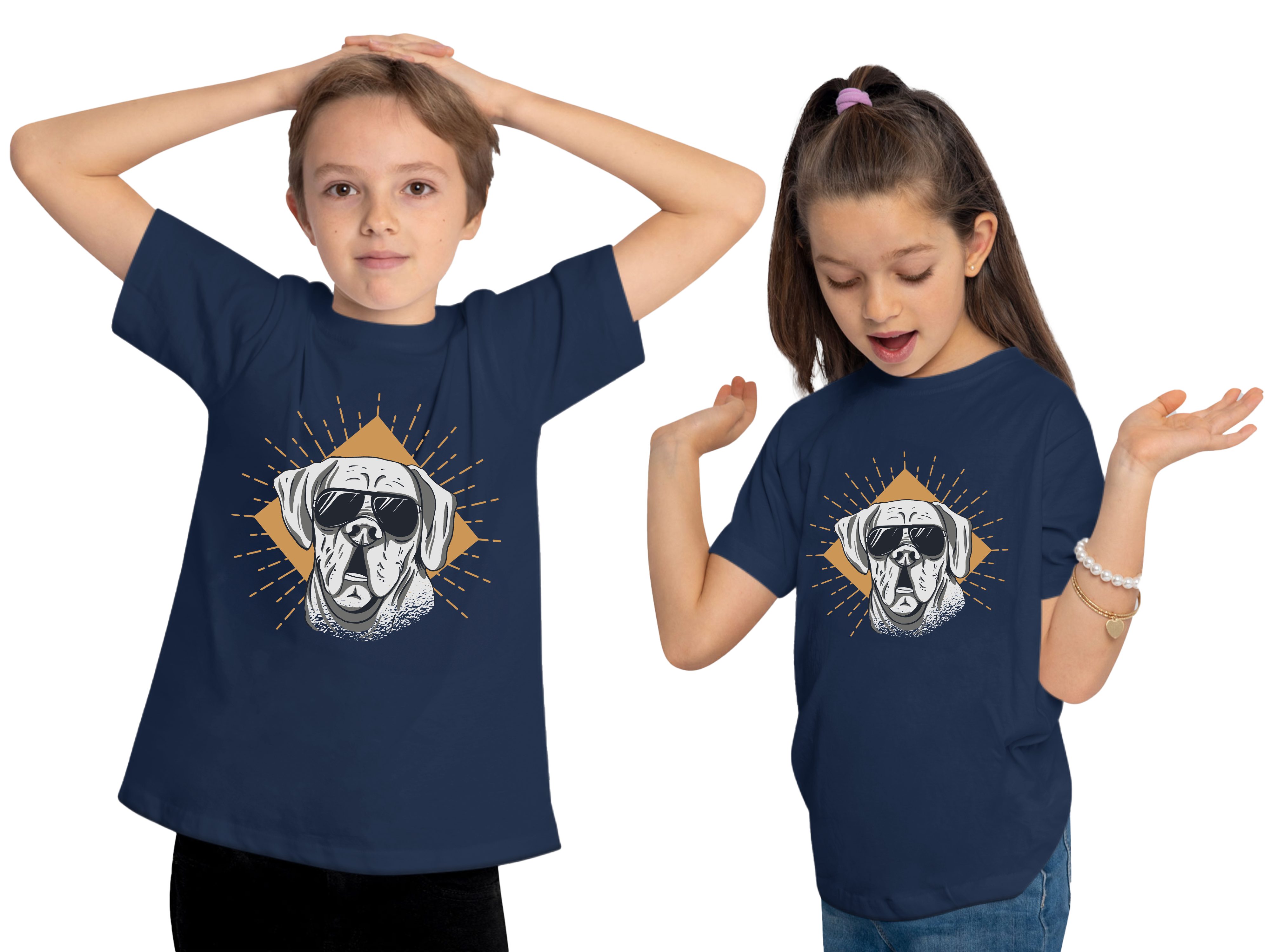mit Hunde blau mit Sonnenbrille Hund bedrucktes Cooler MyDesign24 Baumwollshirt T-Shirt - navy Kinder Print-Shirt i224 Aufdruck,