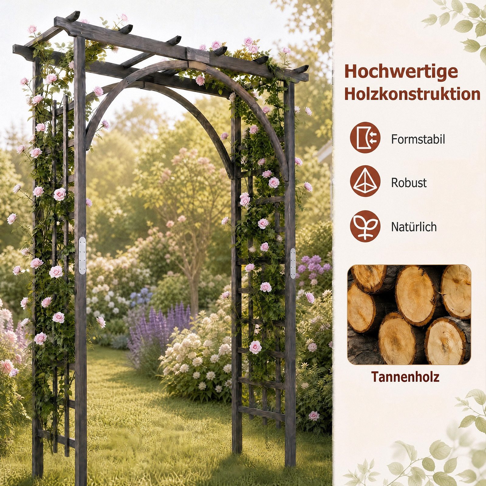 KOMFOTTEU Rosenbogen Gartenbogen Rankhilfe Rankgitter, mit Dach & seitlichen Rankgittern – Bild 4 von 5