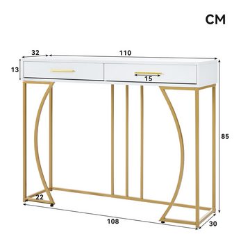 HAUSS SPLOE Konsolentisch 120x38x76 cm mit 2 Schublade, goldenem Metallgestell Weiß/Gold