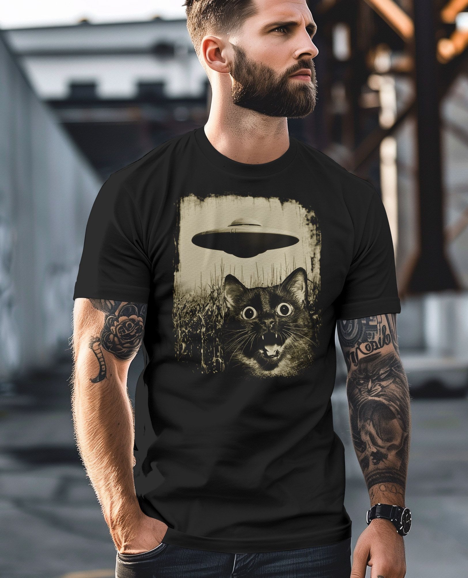 Neverless Print-Shirt Herren T-Shirt UFO Katze Alien Print Aufdruck Printshirt Männer mit Print – Bild 4 von 4