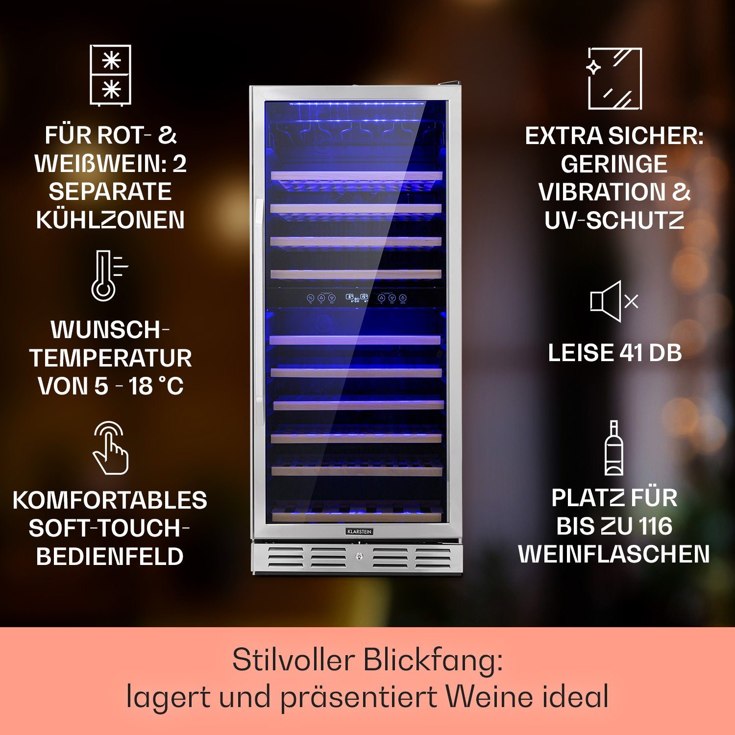 Klarstein Weinkühlschrank Vinovilla Grande 116, für 116 Standardflaschen á 0,75l,2 Zonen Wein Flaschenkühlschrank Weintemperierschrank Weinschrank