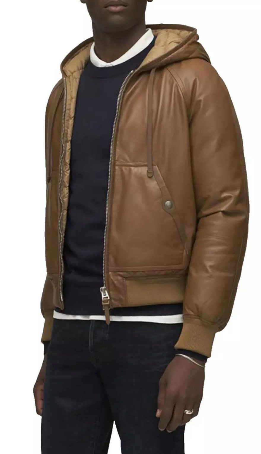 Tom Ford Lederjacke Kapuzenjacke Bomberjacke mit Daunenfüllung Lammleder, Wärmeisolierung durch Daunenfüllung, Rippbündchen