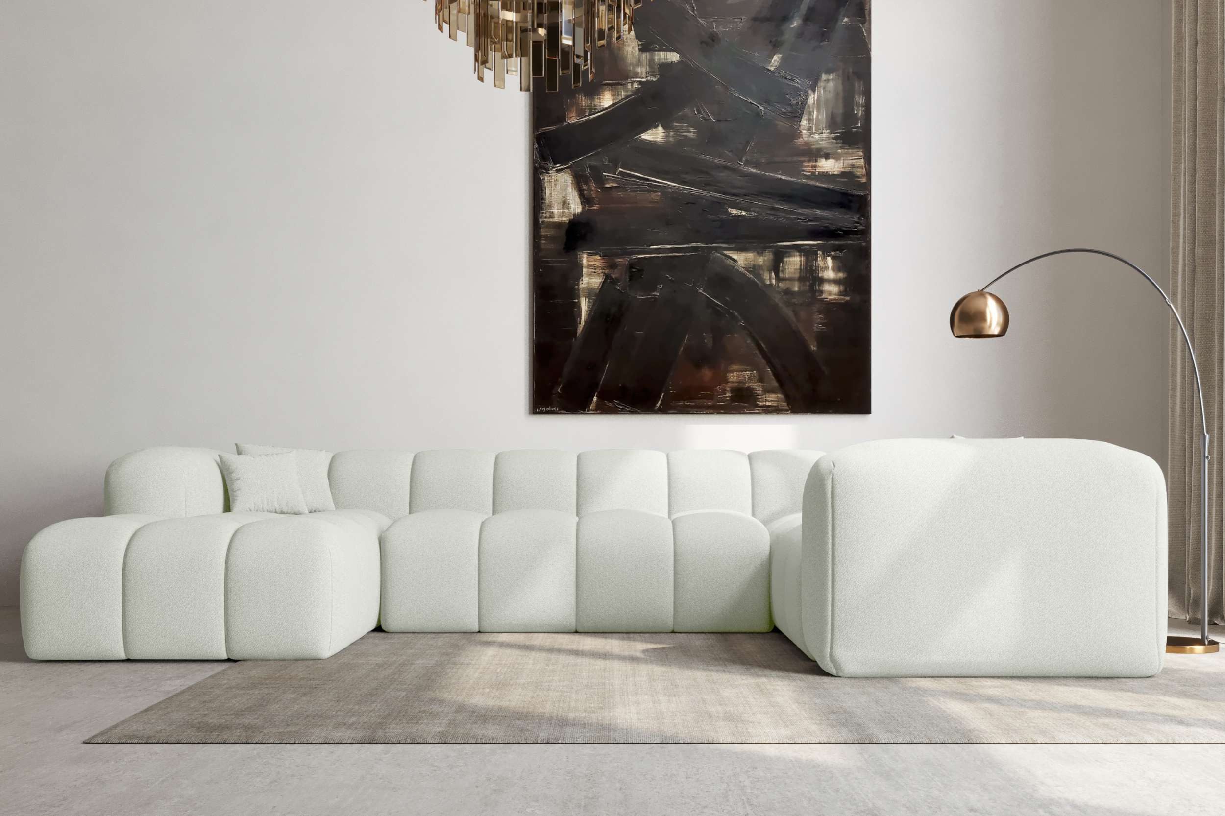 99rooms Wohnlandschaft Livorno U, Sofa, U-Form, Rundumbezug aus gepolstertem Strukturstoff NEVE
