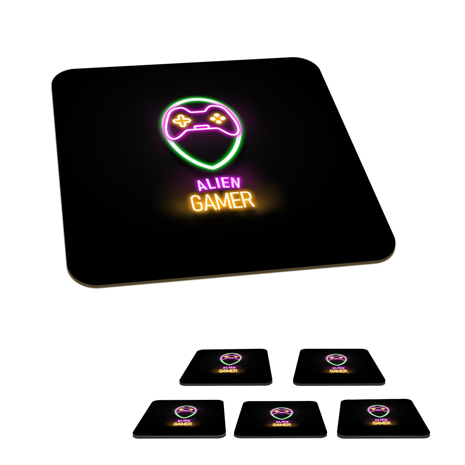 MuchoWow Glasuntersetzer Gaming - Zitate - Neon - Alien-Gamer - Controller, Zubehör für Gläser, 6-tlg., Glasuntersetzer, Tischuntersetzer, Korkuntersetzer, Untersetzer, Tasse