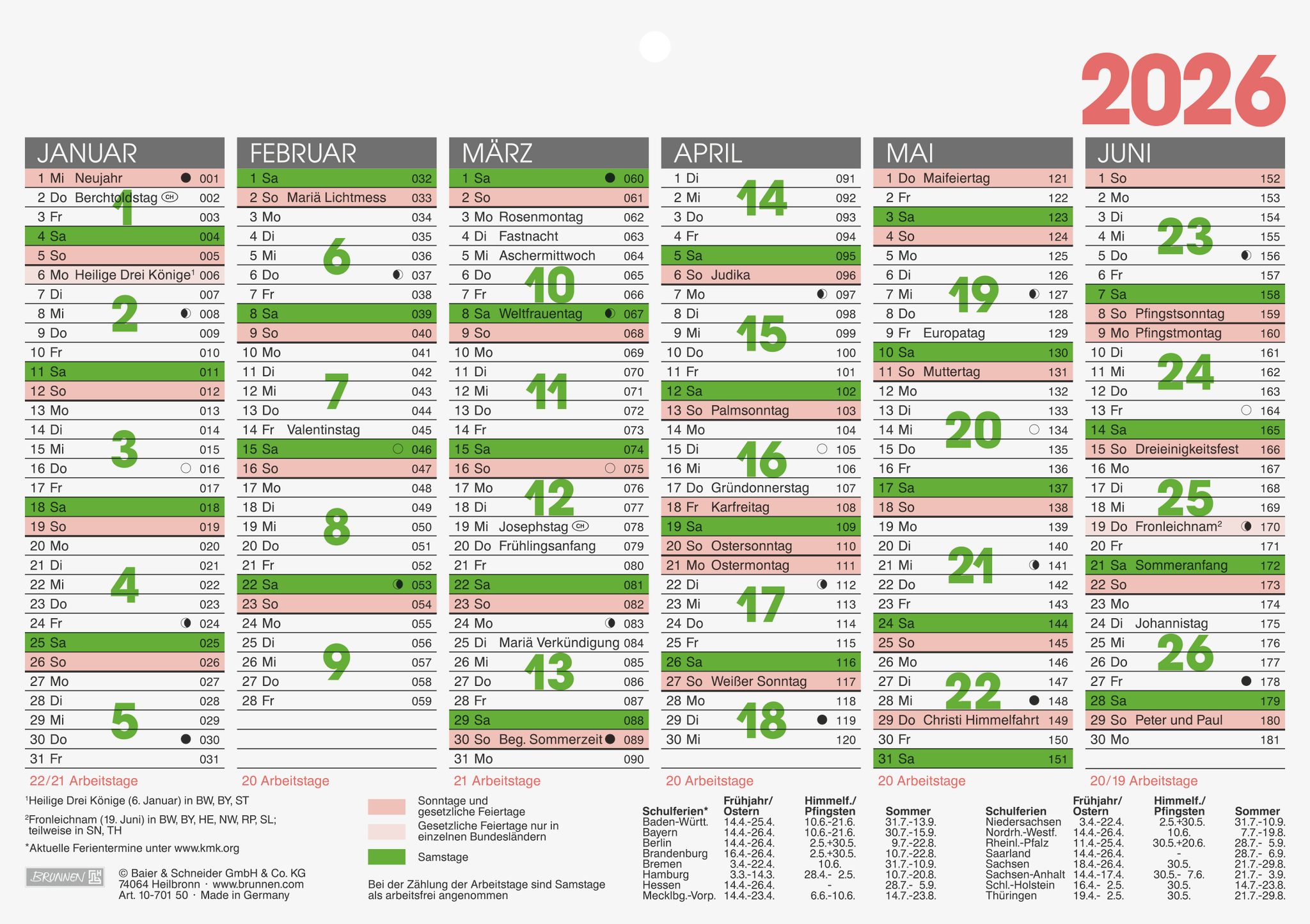 BRUNNEN Schreibtischkalender BRUNNEN 1070150006 Tafelkalender A5 1S/6Monate