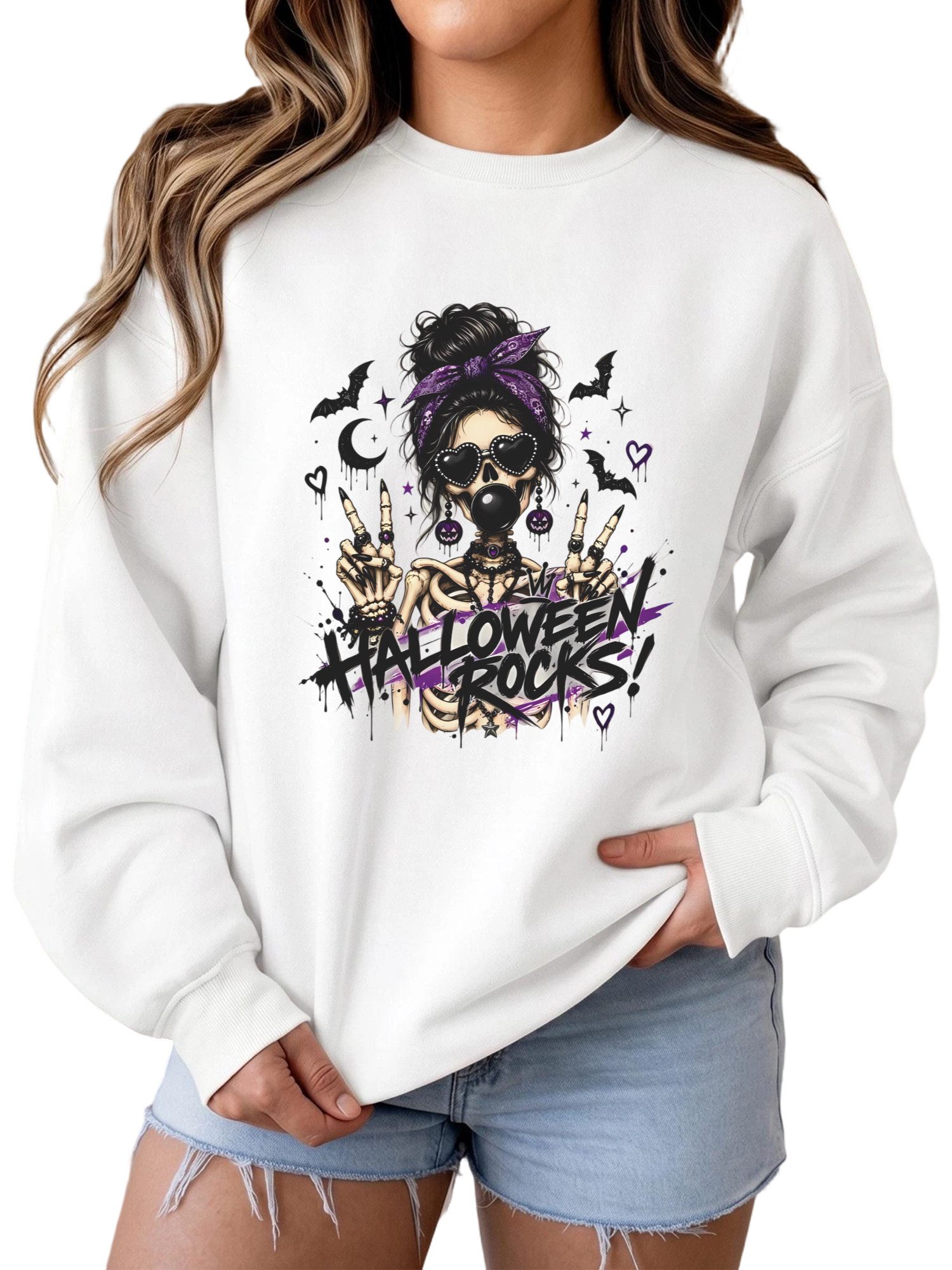 PYLIKE Kapuzensweatshirt Damen Pullover mit Schädel Print, loose Fleecepullove für Halloween Bequem für Herbst & Winter