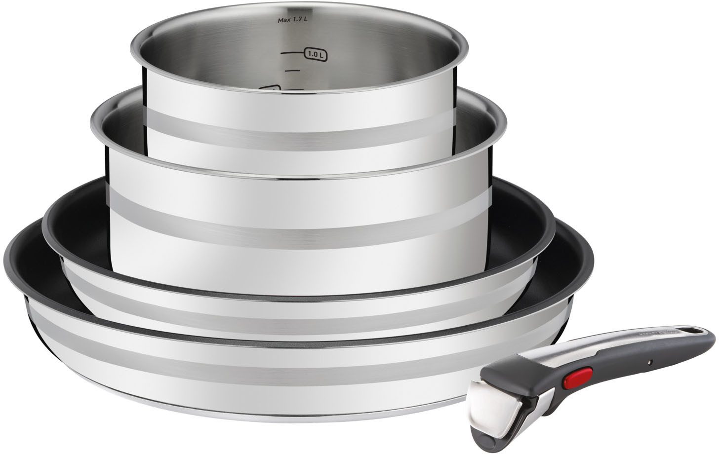 Tefal Pfannen-Set Jamie Oliver Ingenio G6, Topf und Pfannenset abnehmbarer Griff, Edelstahl (Set, 5-tlg., 2x Pfannen Ø 24/28 cm, 2x Kasserollen Ø 16/20 cm, 1x abnehmbarer Griff), stapelbar, platzsparend, einfache Reinigung, Induktion, L97696