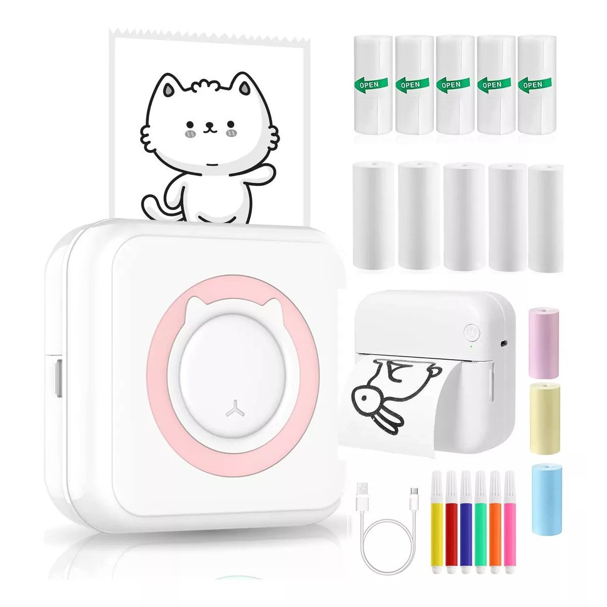 ZEUOPQ Thermodrucker Mini-Multifunktionsdrucker Bluetooth Etikettendrucker Etikettendrucker, (mit 5 Rollen Papier, 5 Rollen selbstklebend, 3 Rollen Buntpapier und 6 Farbige Stifte, Kompatibel mit iOS Android Etikettendrucker)