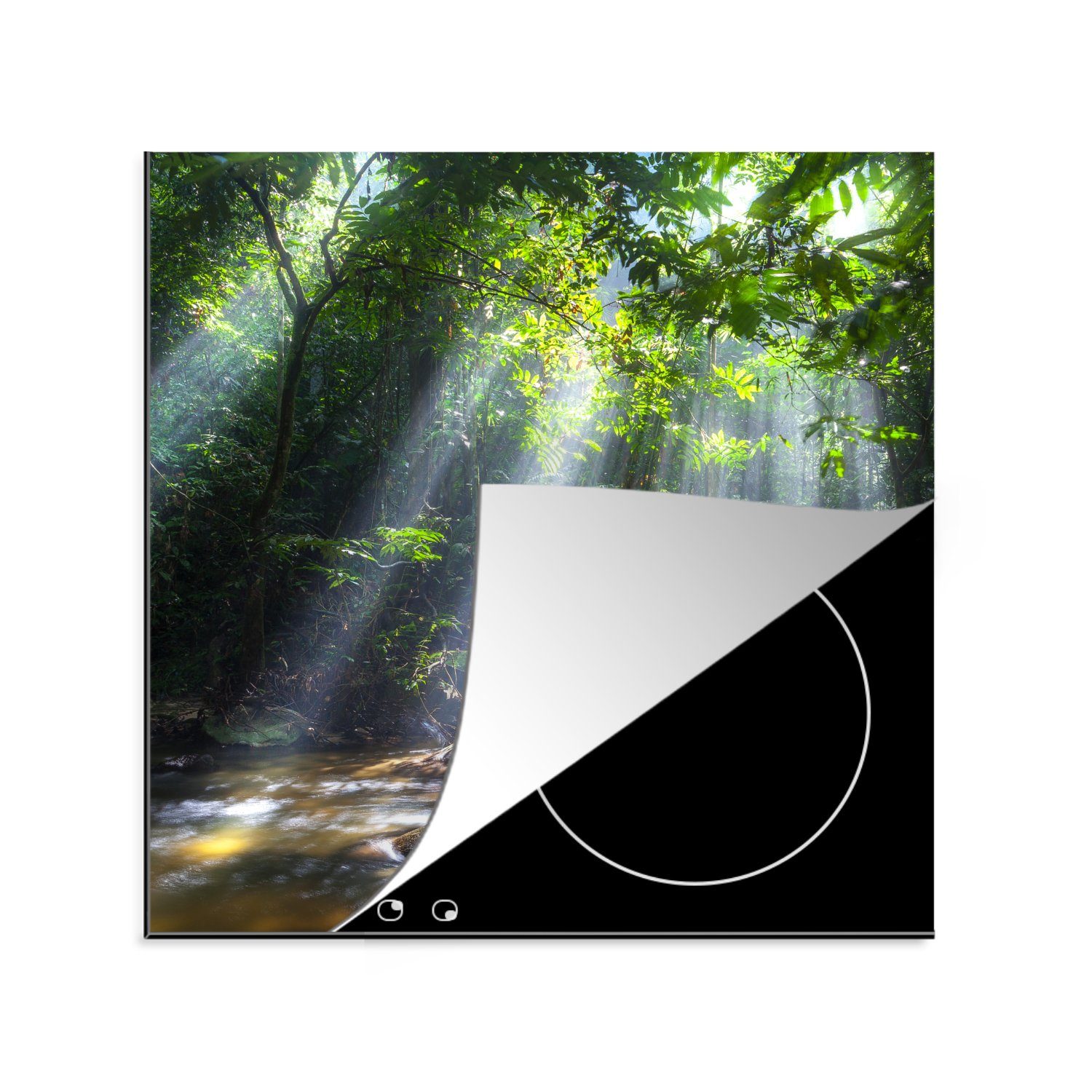 MuchoWow Herdblende-/Abdeckplatte Sonnenstrahlen dringen durch die Bäume in den Regenwald von Malaysia, Vinyl, (1 tlg), 78x78 cm, Ceranfeldabdeckung, Arbeitsplatte für küche