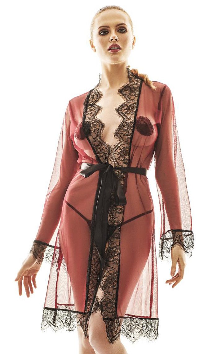 Nachthemd Roter Damen Dessous Morgenmantel Robe Babydoll aus Spitze und Netz zum