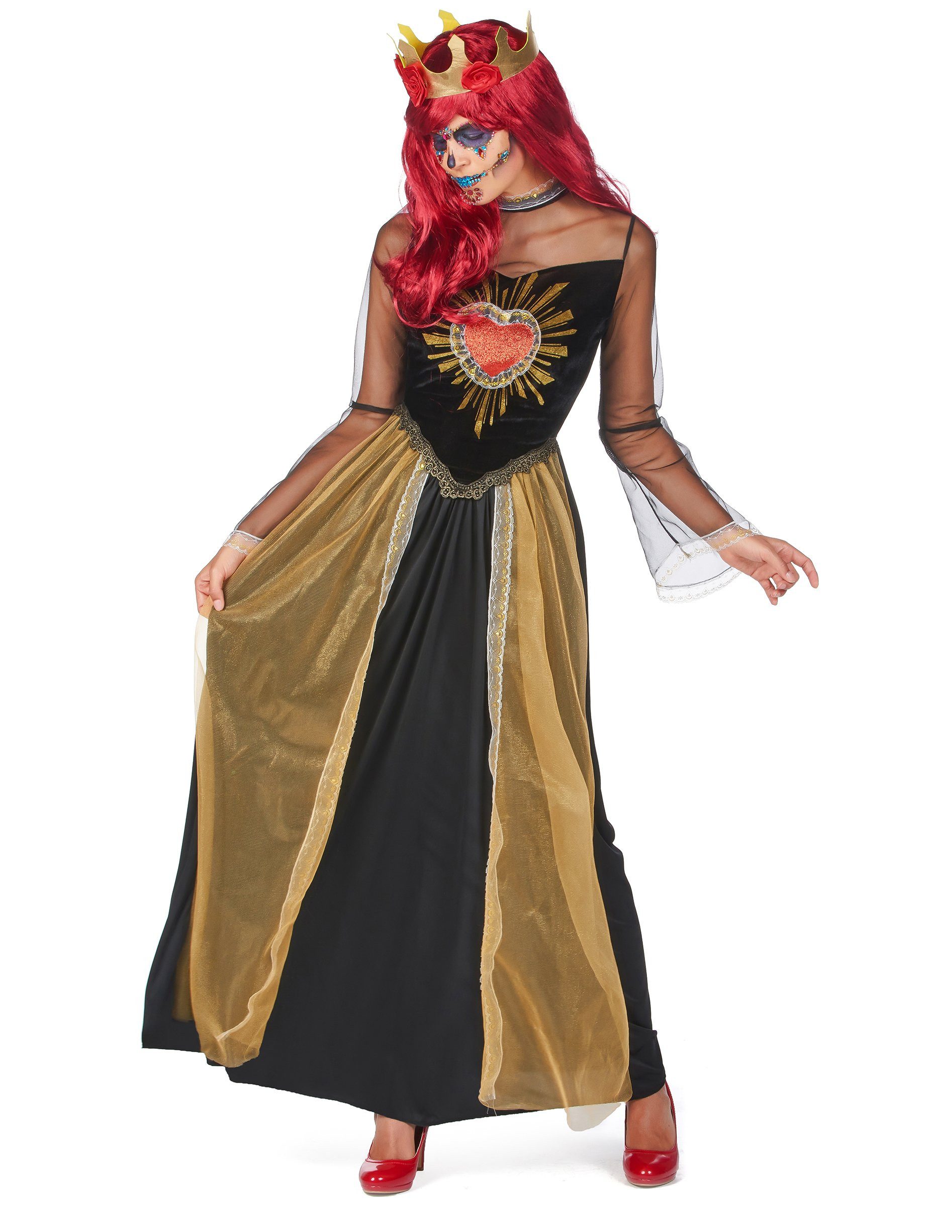 JADEO Kostüm Dia de los Muertos Damenkostüm für Damen schwarz-gold-rot