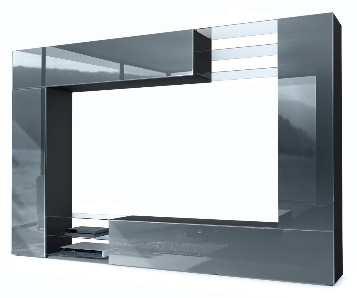 Vladon Wohnwand Mirage, (Anbauwand mit Rückwand mit 2 Türen, 4-St., 2 Klappen und 6 offenen Glasablagen), Schwarz matt/Grau Hochglanz (262 x 183 x 39 cm) Front in Grau Hochglanz
