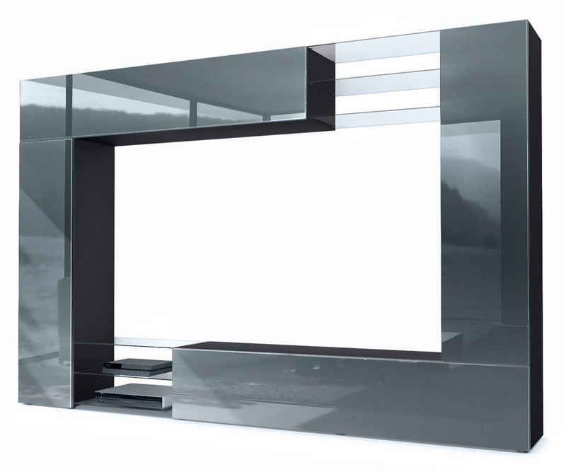 Vladon Wohnwand Mirage, (Anbauwand mit Rückwand mit 2 Türen, 4-St., 2 Klappen und 6 offenen Glasablagen), Schwarz matt/Grau Hochglanz (262 x 183 x 39 cm)