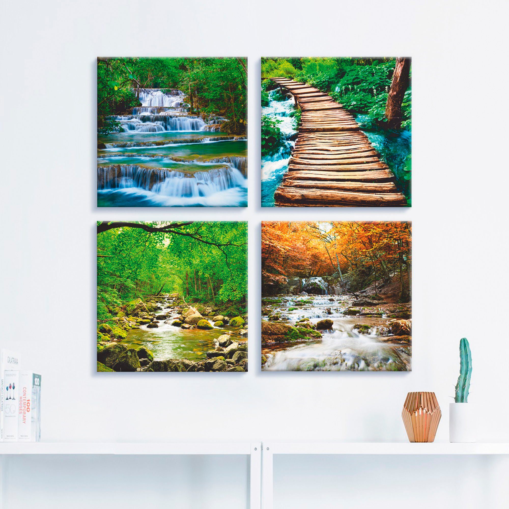 Artland Leinwandbild Wasserfall Herbstwald Fluß Smolny, Gewässer (4 St), 4er Set, verschiedene Größen