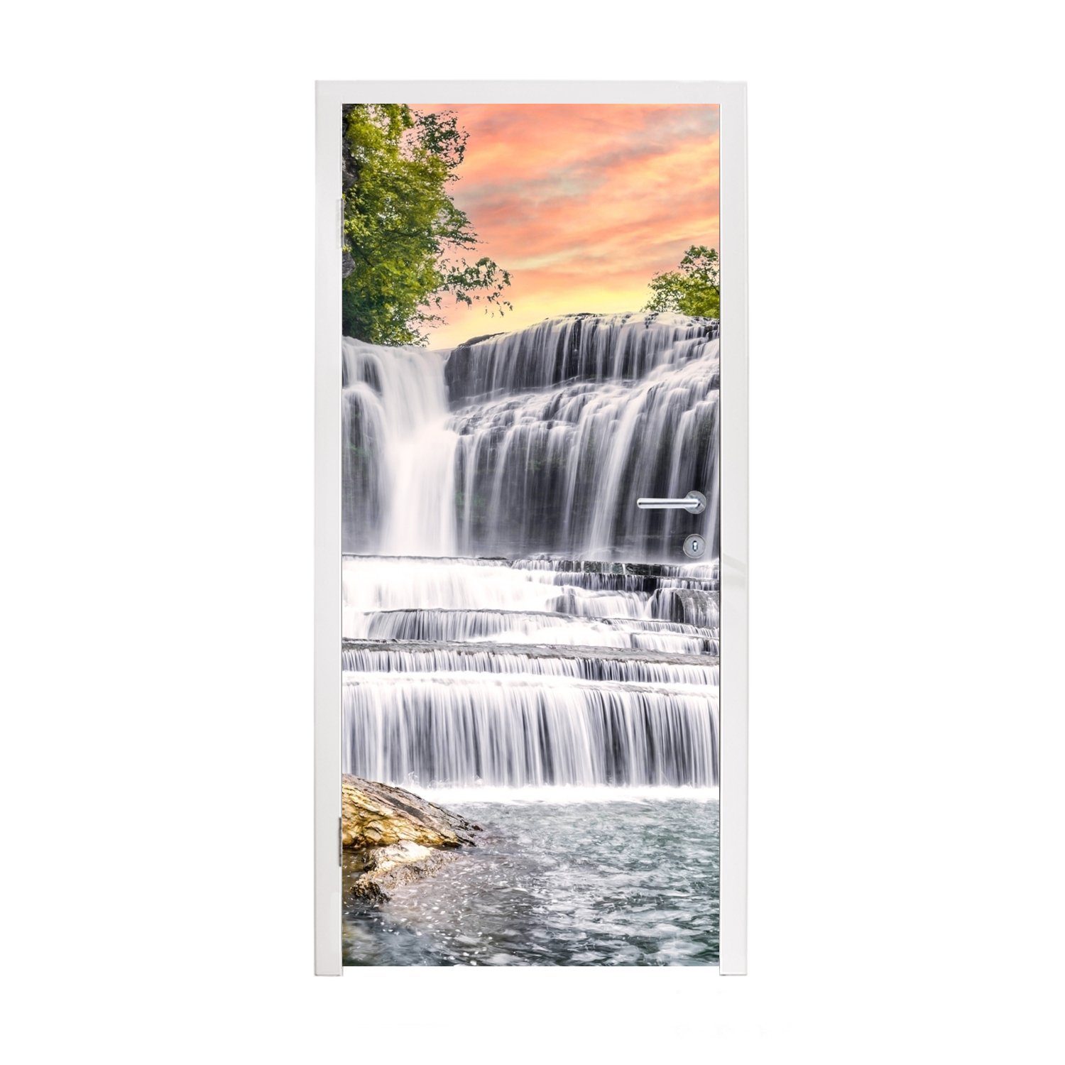 MuchoWow Türtapete Wasserfall - Wasser - Steine - Pflanzen - Natur, Matt, bedruckt, (1 St), Fototapete für Tür, Türaufkleber, 75x205 cm