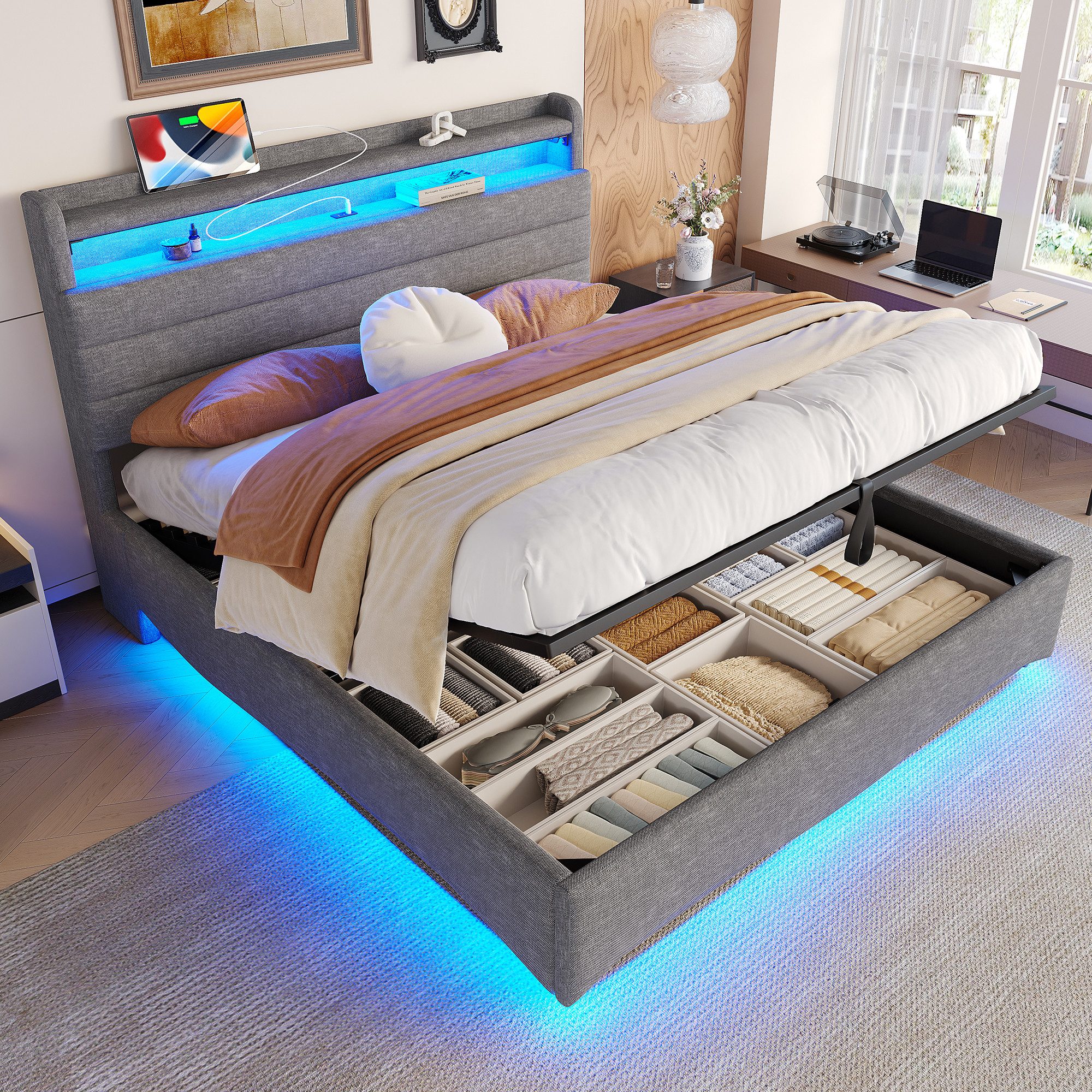 TavilaEcon Boxspringbett Polsterbett mit LED-Beleuchtung und Hydraulikmechanismus (1-St), 140x200cm, mit Ablagefach, USB-/Typ-C-Anschluss, Grau