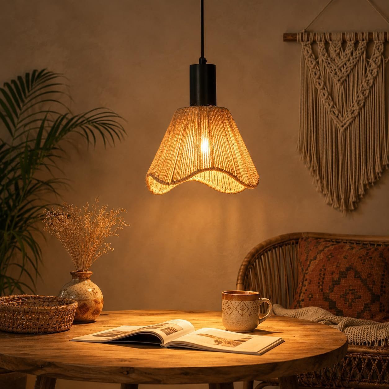 ZMH Pendelleuchte Esstisch, 1/3-flammig, Hängeleuchte mit geflochtenem Papierschirm, bis 120 cm höhenverstellbar, ohne Leuchtmittel, E27, Boho Vintage